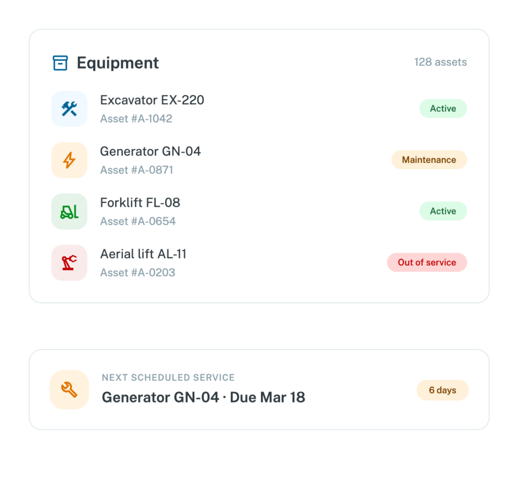 WorkAware Asset Management equipment overview and scheduled service preview